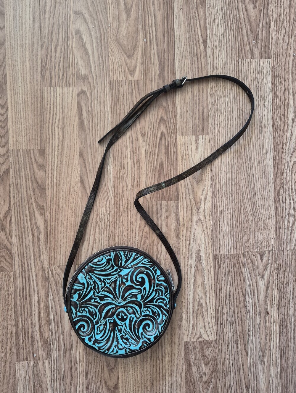 Patricia Nash Women's Leather Tooled Turquoise Round Crossbody Bag